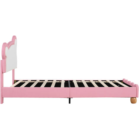 90x200cm Lit simple, Lit d'enfant, Lit d'adolescent, Lit rembourré avec tête d'ours douillette, Sommier à lattes en bois, PU, Rose L&H