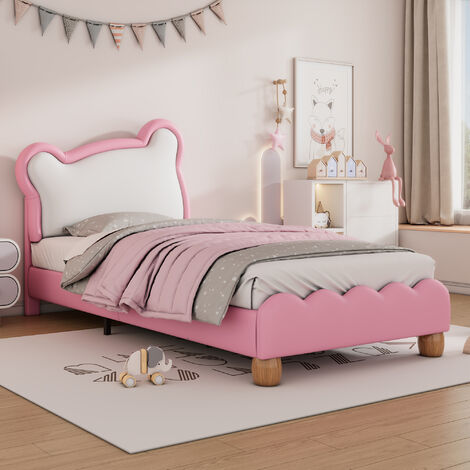 90x200cm Lit simple, Lit d'enfant, Lit d'adolescent, Lit rembourré avec tête d'ours douillette, Sommier à lattes en bois, PU, Rose L&H