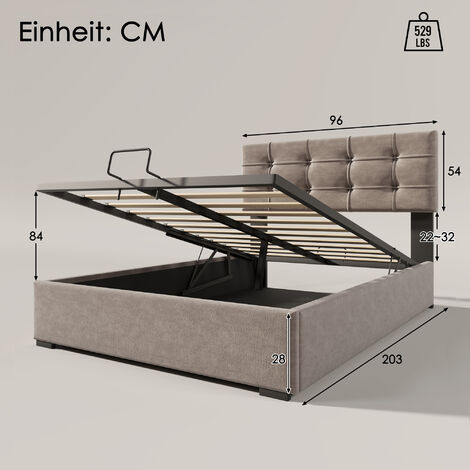 Hydraulique Lit simple Lit rembourré 90x200cm,Tête de lit réglable, Lit avec sommier à lattes métalliques, velours, Cadre de lit moderne avec espace de rangement, Gris clair L&H