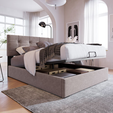 Hydraulique Lit simple Lit rembourré 90x200cm,Tête de lit réglable, Lit avec sommier à lattes métalliques, velours, Cadre de lit moderne avec espace de rangement, Gris clair L&H