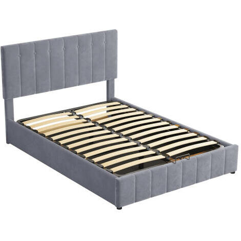 Lit capitonné 140x200 lit double avec lit élévateur hydraulique rangement tête de lit capitonnée réglable sommier à lattes métal lit ado adulte gris