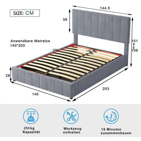 Lit capitonné 140x200 lit double avec lit élévateur hydraulique rangement tête de lit capitonnée réglable sommier à lattes métal lit ado adulte gris