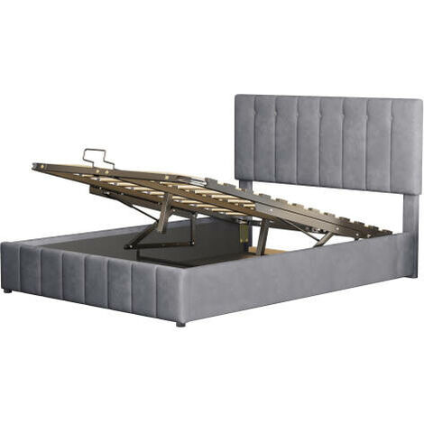 Lit capitonné 140x200 lit double avec lit élévateur hydraulique rangement tête de lit capitonnée réglable sommier à lattes métal lit ado adulte gris