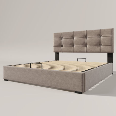 Hydraulique Lit double Lit rembourré 140x200cm,Tête de lit réglable, Lit avec sommier à lattes métalliques, Velours, Gris clair