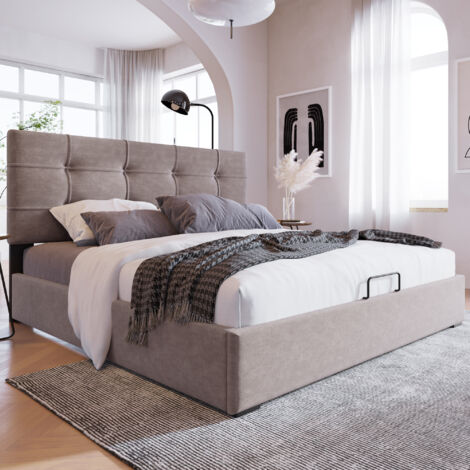 Hydraulique Lit double Lit rembourré 140x200cm,Tête de lit réglable, Lit avec sommier à lattes métalliques, Velours, Gris clair