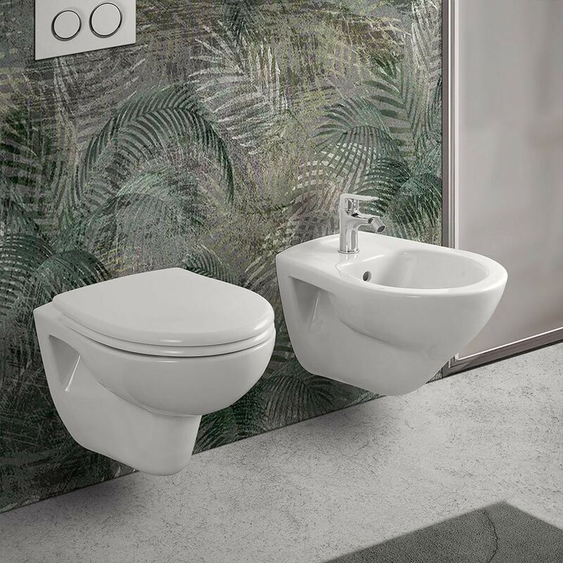 Coppia di sanitari sospesi serie Morning con WC rimless + bidet + copriwc  tradizionale