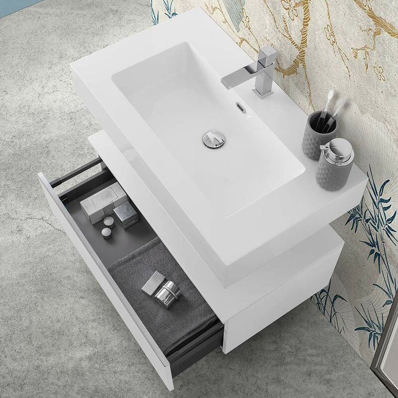 Mobile bagno 80 cm bianco lucido con lavabo sospeso e specchio Iside