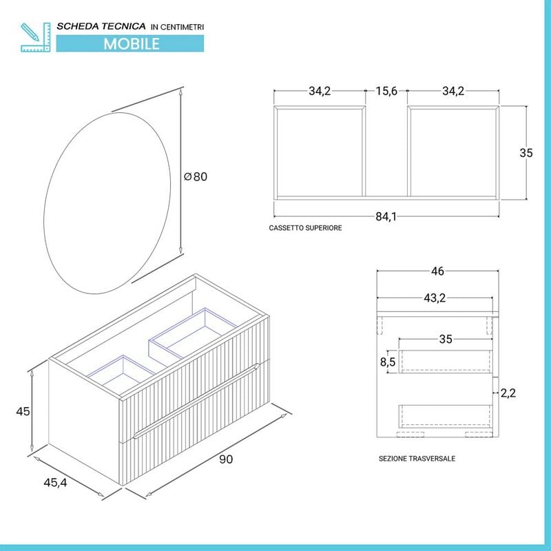 Mobile bagno sospeso cannettato 90 cm verde con specchio