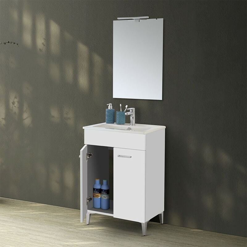 Mobile bagno a terra 60 cm bianco lucido con 2 ante lavabo e specchio Martha