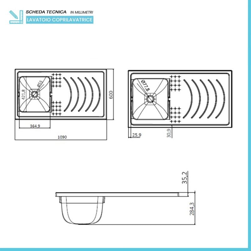 Vasca per Lavatoio Coprilavatrice Reversibile 109x60 in