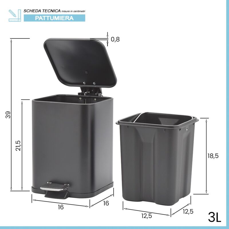 Pattumiera In Acciaio Inox Con Coperchio A Bilico E Finitura A Conchiglia - 15 Litri, Colore Nero, Per Cucina E Soggiorno - 4