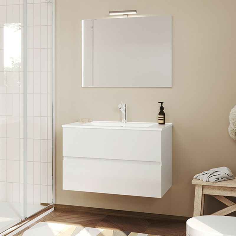 Mobile Bagno Sospeso Bianco Lucido 80 cm. con Lavabo e Specchio mod. M