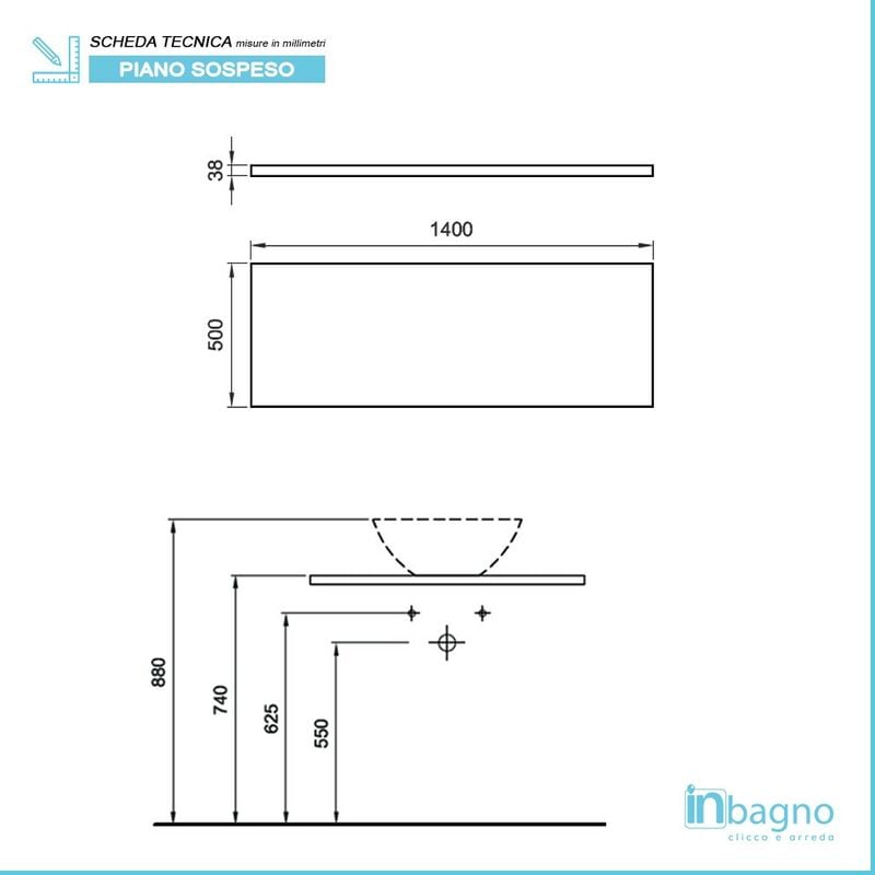 Mensolone Sospeso 140 cm per Lavabi da Appoggio Color Grigio Nuvola