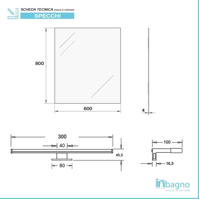 Specchio bagno 60x80 cm reversibile con luce LED naturale