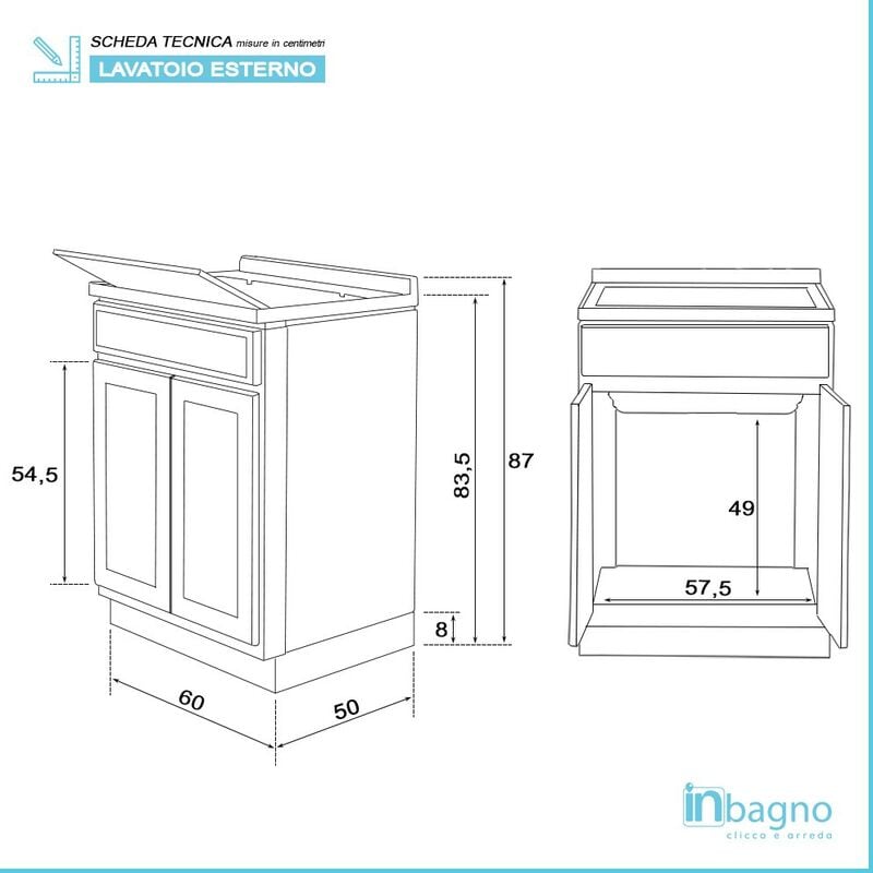 Mobile lavatoio 2 ante 60x50 cm con vasca in resina bianco