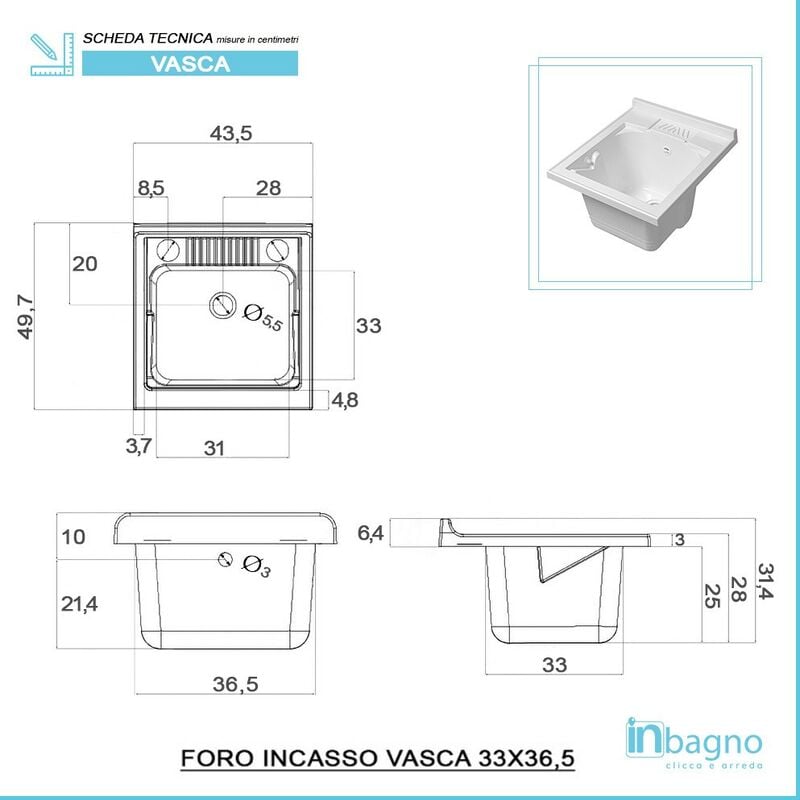 Mobile lavatoio 45x50 cm 1 anta bianco con vasca in resina e asse