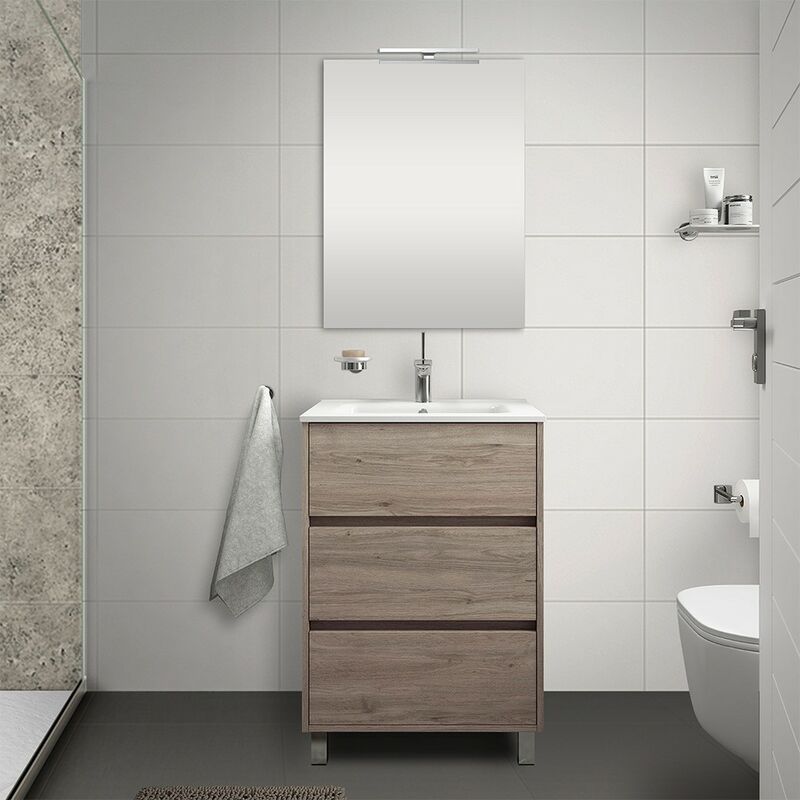 Mobile bagno a terra 60 cm rovere juta con 3 cassettoni lavabo e