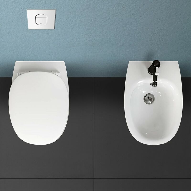 Coppia sanitari filomuro Morning WC rimless + bidet + copriwc rallenty