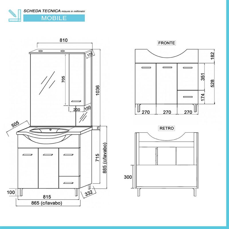 Mobile bagno a terra 85 cm incluso di specchiera con faretti a ledi Rigo1