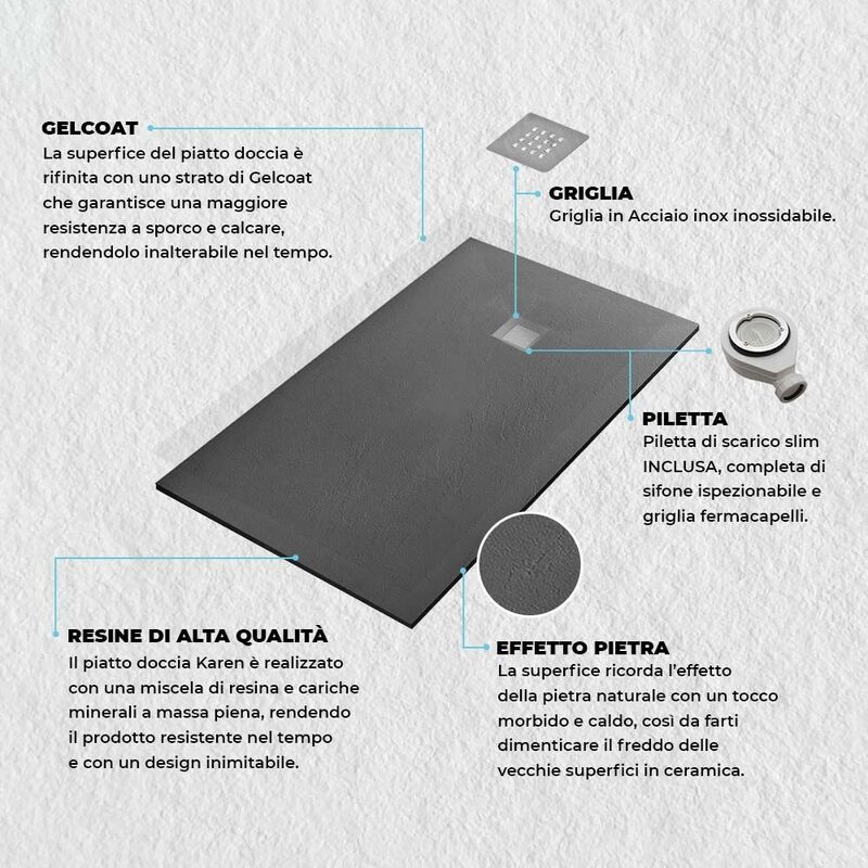 OFFERTA, PIATTO DOCCIA SABBIA 80X180 CM IN MINERAL MARMO CON GRIGLIA E  PILETTA DI SCARICO