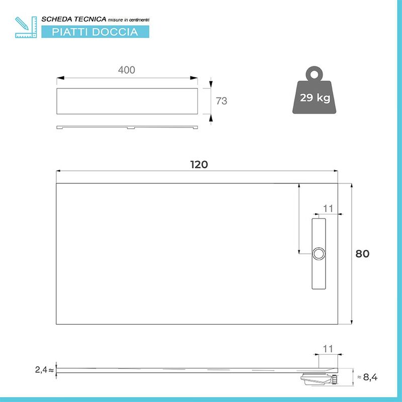 Piatto doccia 80x120 in marmoresina bianca Plaza completo di kit scarico