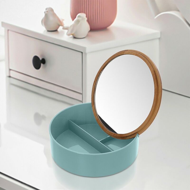 Porta trucchi da bagno tondo in plastica turchese e bamboo completo di  specchio