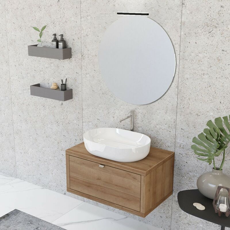 Mobile bagno sospeso 80 cm Master rovere miele con lavabo appoggio e  specchio