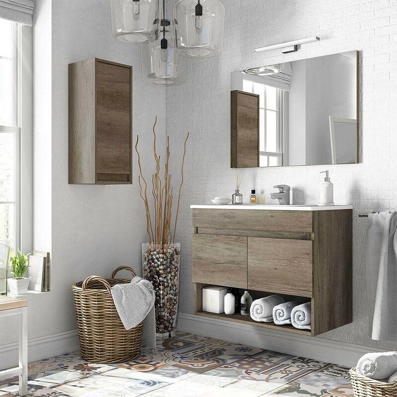 Mobile bagno sospeso 80 cm 2 ante serie Oasi rovere con specchio e colonna  bassa