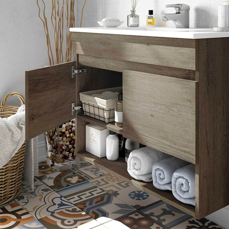 Mobile bagno sospeso 80 cm 2 ante serie Oasi rovere con specchio e