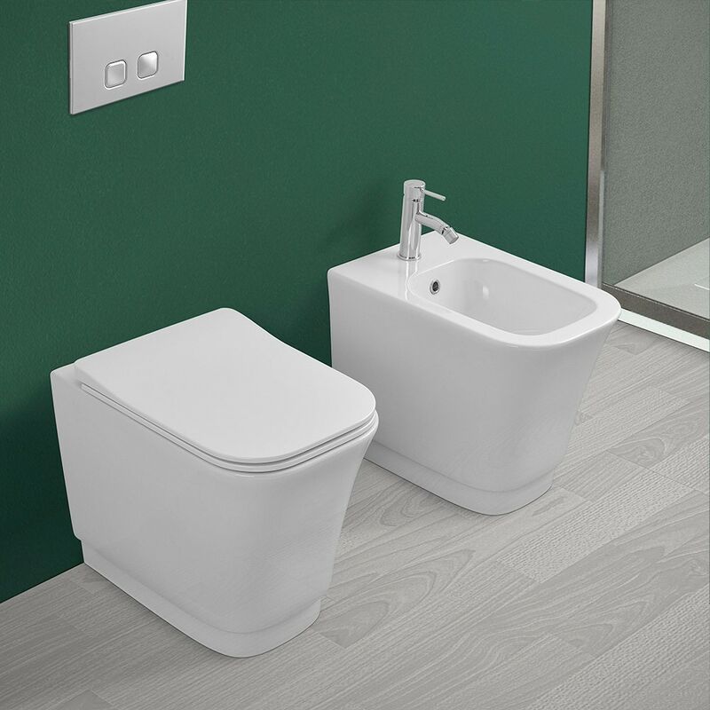 Coppia di Sanitari filomuro Metropolitan Bianco lucido con copriwater  ultraslim soft close