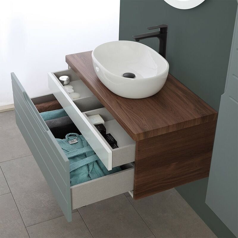 Mobile bagno sospeso 110 cm noce canaletto con lavabo e specchio Ravello