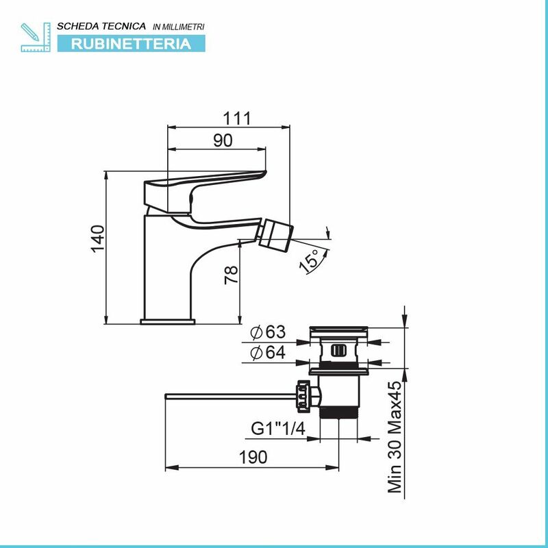 Rubinetto bidet cromato Artis Punta+ incluso di piletta