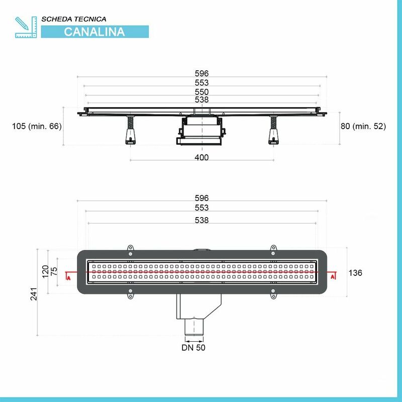 Canalina doccia a pavimento 55 cm con griglia e scarico incluso in acciaio  inox cromato