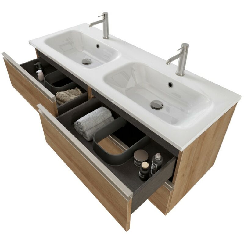 Mobile bagno sospeso 120 cm Master rovere doppio lavabo e 4 cassetti