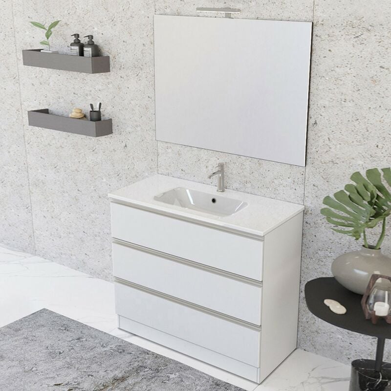 Mobile bagno a terra 100 cm Master bianco con lavabo e specchio