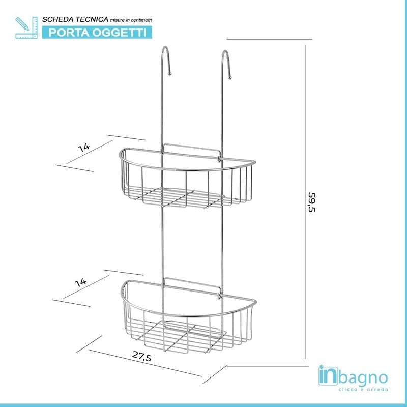 Mensola doccia rettangolare con ganci cromata, 2 ripiani per bagno,  dimensioni 26x21x60cm.