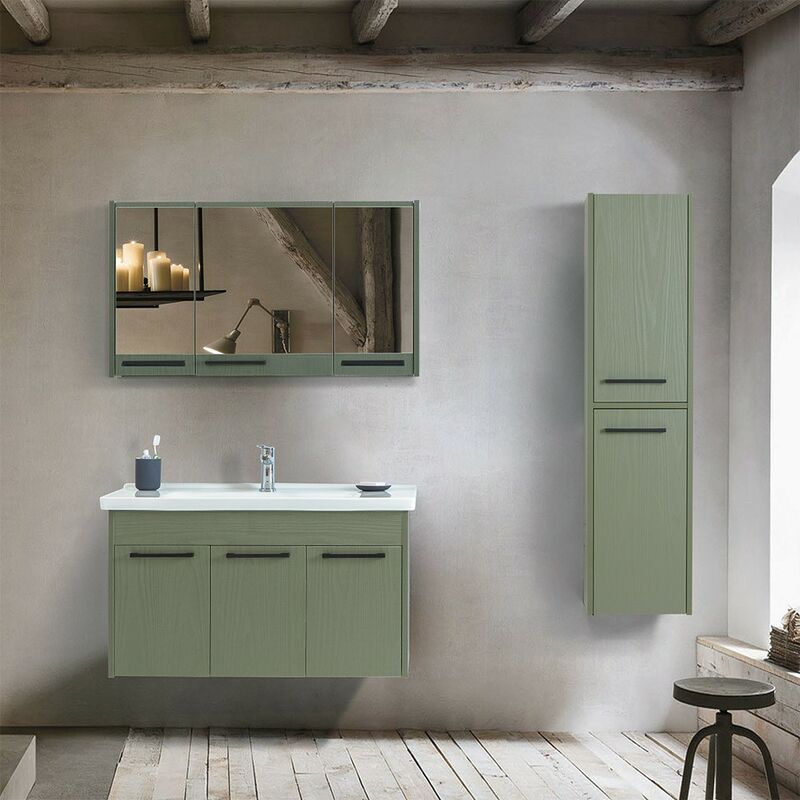 Mobile bagno sospeso 100 cm verde effetto legno con armadietto a specchio  Sofia