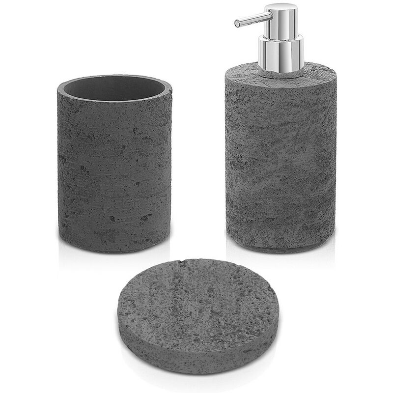 Accessori bagno in set da 3 pezzi grigio in resina effetto pietra Matera