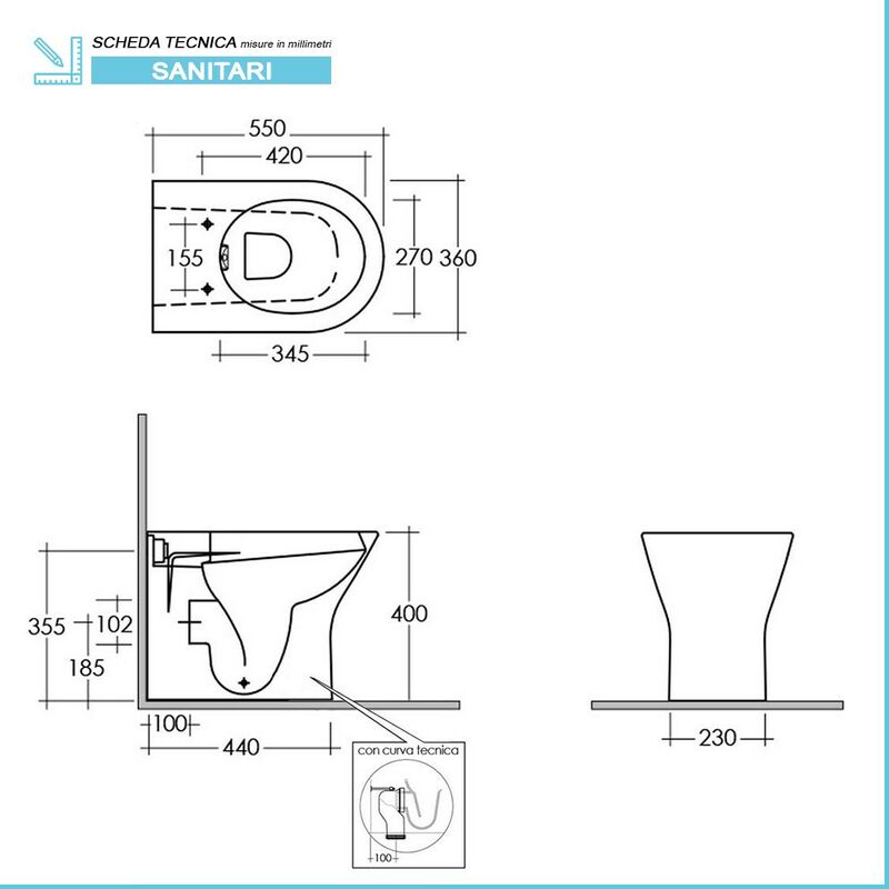 Inbagno WC sospeso per disabili con Apertura Frontale, H. 37 cm, Design  ergonomico in Ceramica Bianca Lucida : : Fai da te