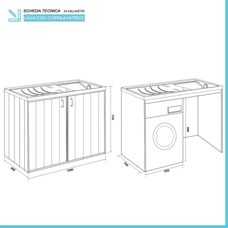 Mobile lavatoio copri lavatrice reversibile bianco Negrari con ante  109x60x92 cm