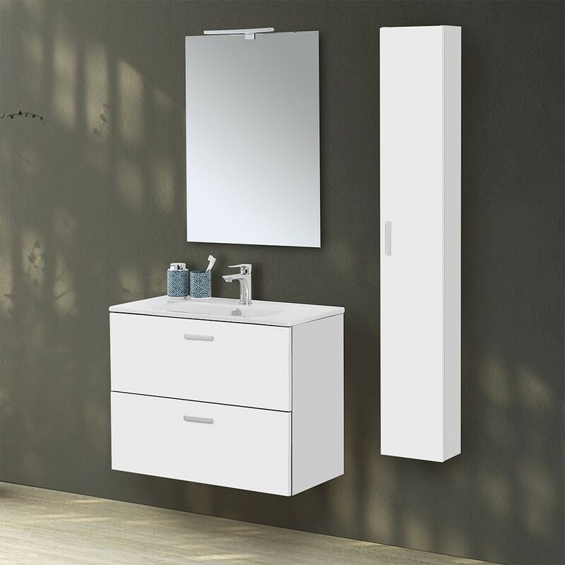 Bagno completo con mobile sospeso 80 cm profondità 39 cm bianco lucido con  specchio sanitari e