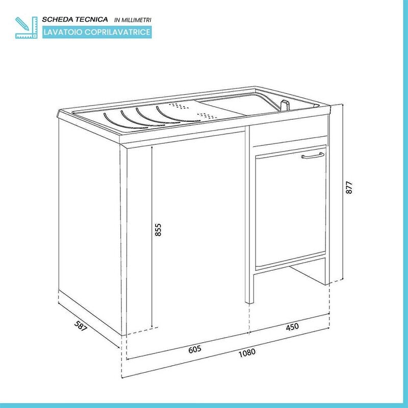 Mobile copri lavatrice 109x60 con lavatoio a destra e asse incluso