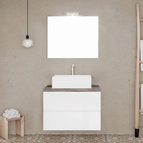 Mobile bagno sospeso 60 bianco top rovere fossile con specchio LED Town