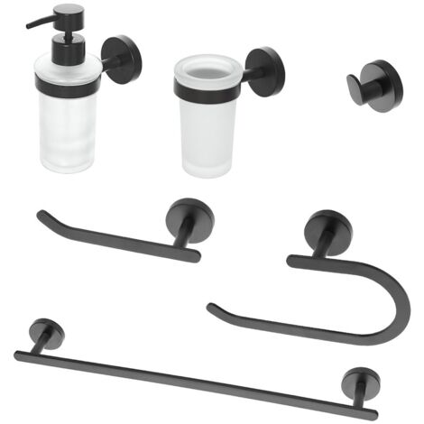 Set 6 Pezzi Accessori Bagno Nero Opaco DUMDER, Portasciugamani Doppio 59,9 Cm, Anello, Porta Rotolo, Ganci, In Acciaio Inox, Hardware Da Parete
