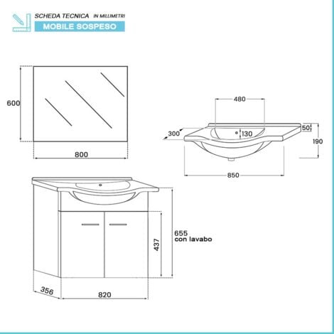 Mobile bagno sospeso 81 cm grigio con 2 ante completo di ceramica