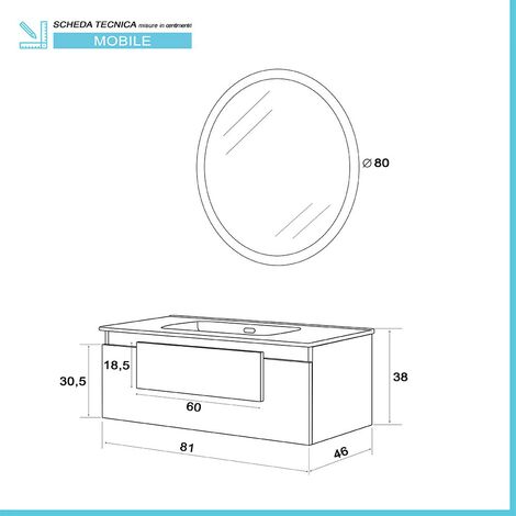 Mobile Sospeso Bagno 1 Cassetto Stile Industrial Rovere 80x47 cm con Specchio