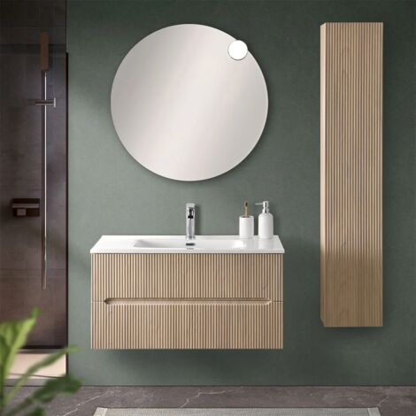 Mobile bagno sospeso cannettato 90 cm rovere chiaro con specchio Bali (1/5)