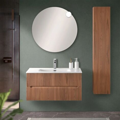Mobile bagno sospeso cannettato 90 cm noce canaletto con specchio  Bali (1/5)