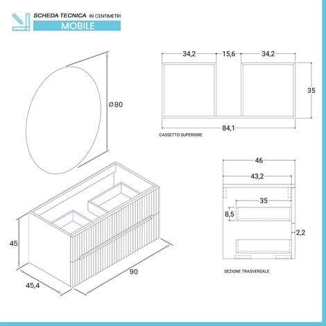 Mobile bagno sospeso cannettato 90 cm noce canaletto con specchio Bali