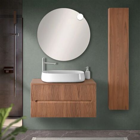 Mobile bagno sospeso cannettato 90 cm noce con top e specchio Bali (1/5)